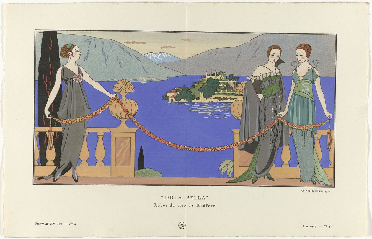Gazette du Bon Ton, 1914 - nr. 6, pl. 57: Isola Bella/ aftenkjoler fra Redfern (titel på objektet) af George Barbier
