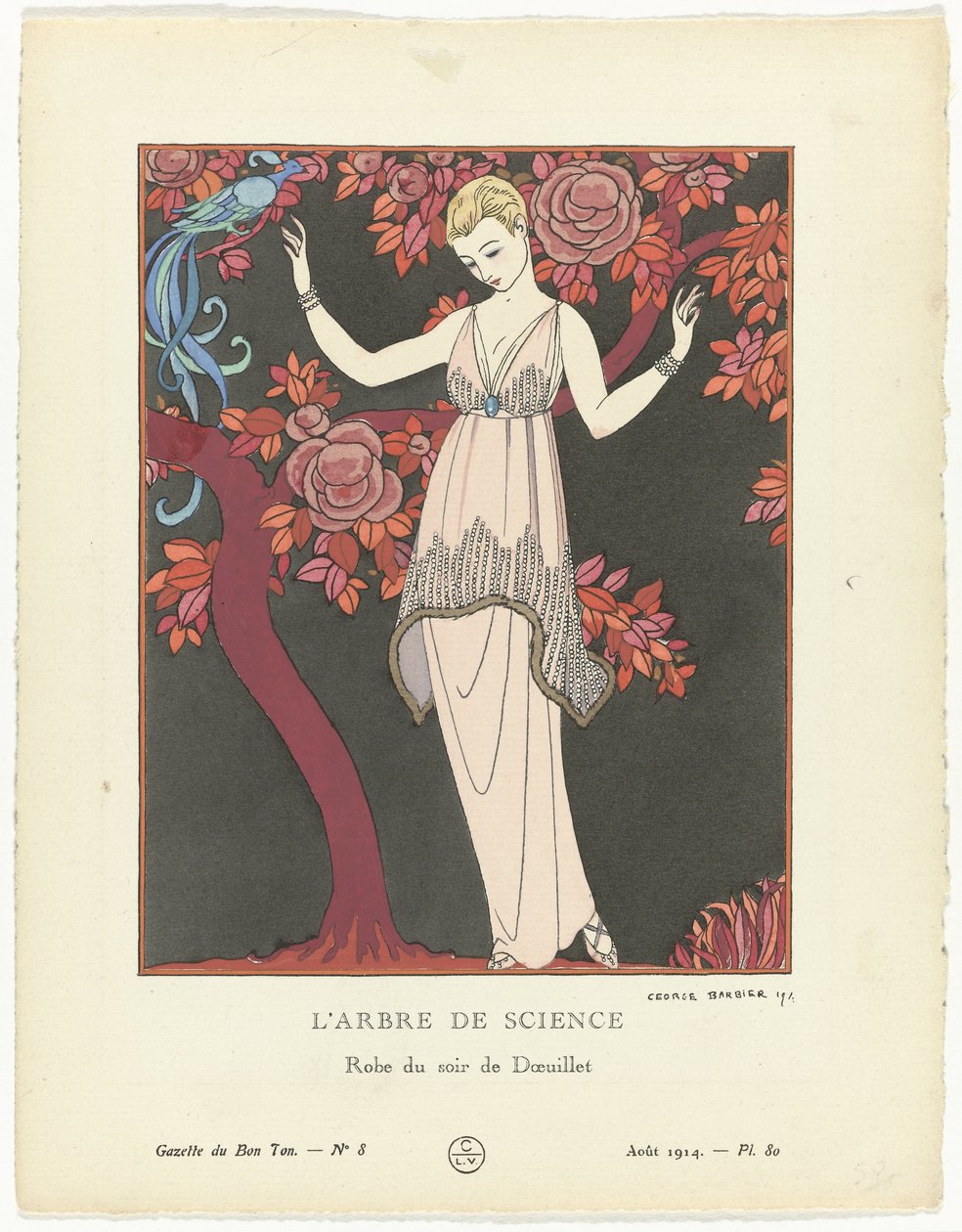 Gazette du Bon Ton 1914, nr. 8, pl. 80: Videnskabens træ / Doeuillets aftenkjole (titel på objektet) af George Barbier