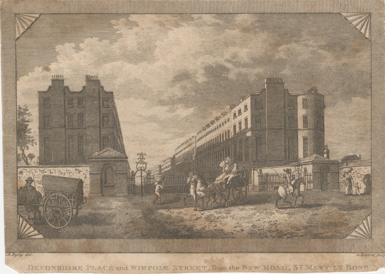 Devonshire Place og Wimpole Street, fra New Road, St. Mary Le Bone af George Barret