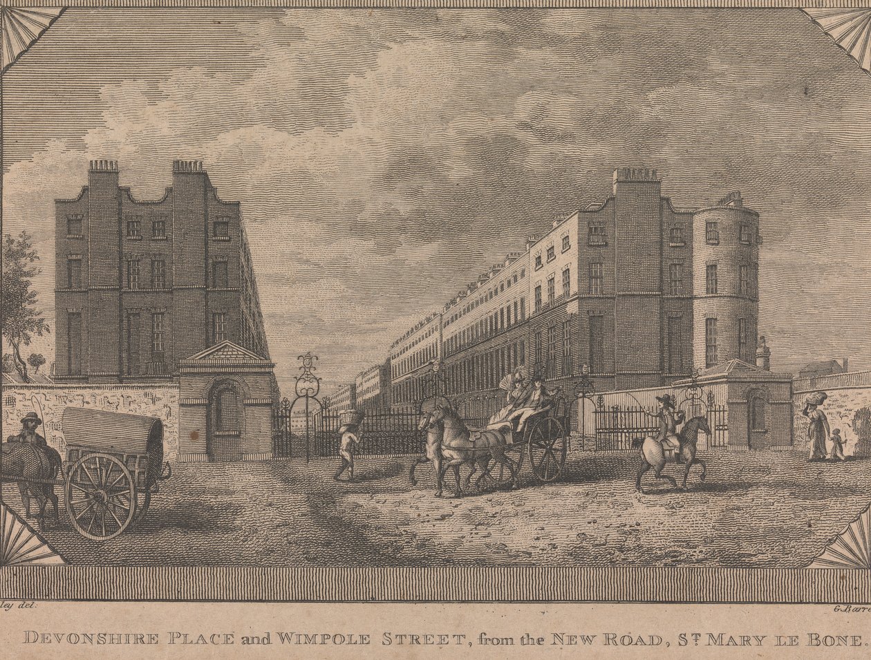 Devonshire Place og Wimpole Street, fra New Road, St. Mary le Bone af George Barret
