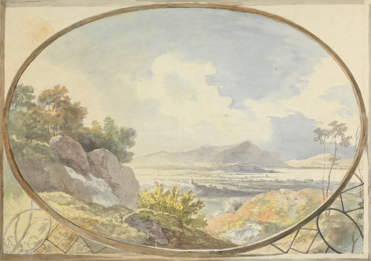 Landskab sat i en oval (bjerglandskab gennem et ovalt vindue) af George Barret