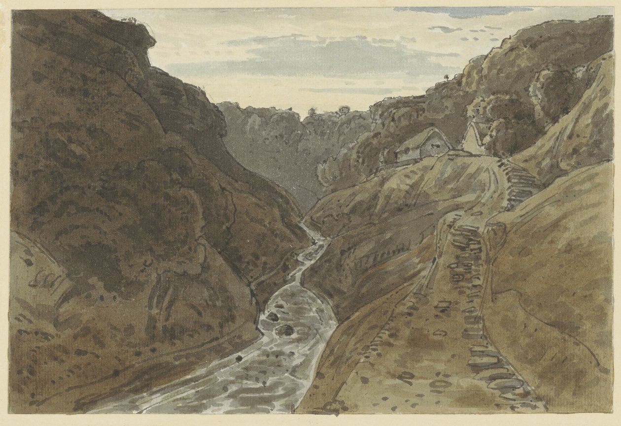 Floddal og bjergvej, der fører til to huse af George Barret jr. (possibly)