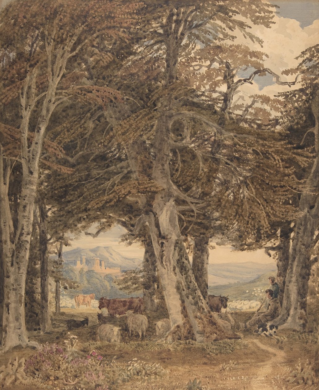Kvæg og får hviler i udkanten af en skov, ca. 1840. af George Barret the Younger