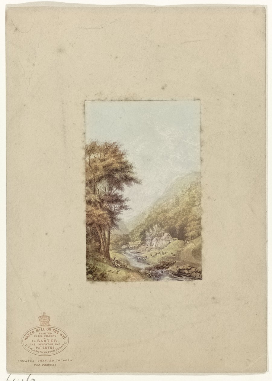 Bakket landskab med et vandløb Water Mill on the Wye (titel på objekt) af George Baxter