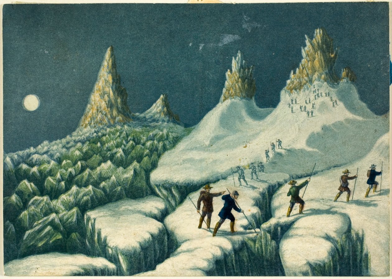 Afrejse fra Grands Mulets, fra "Bestigning af Mont Blanc" af George Baxter