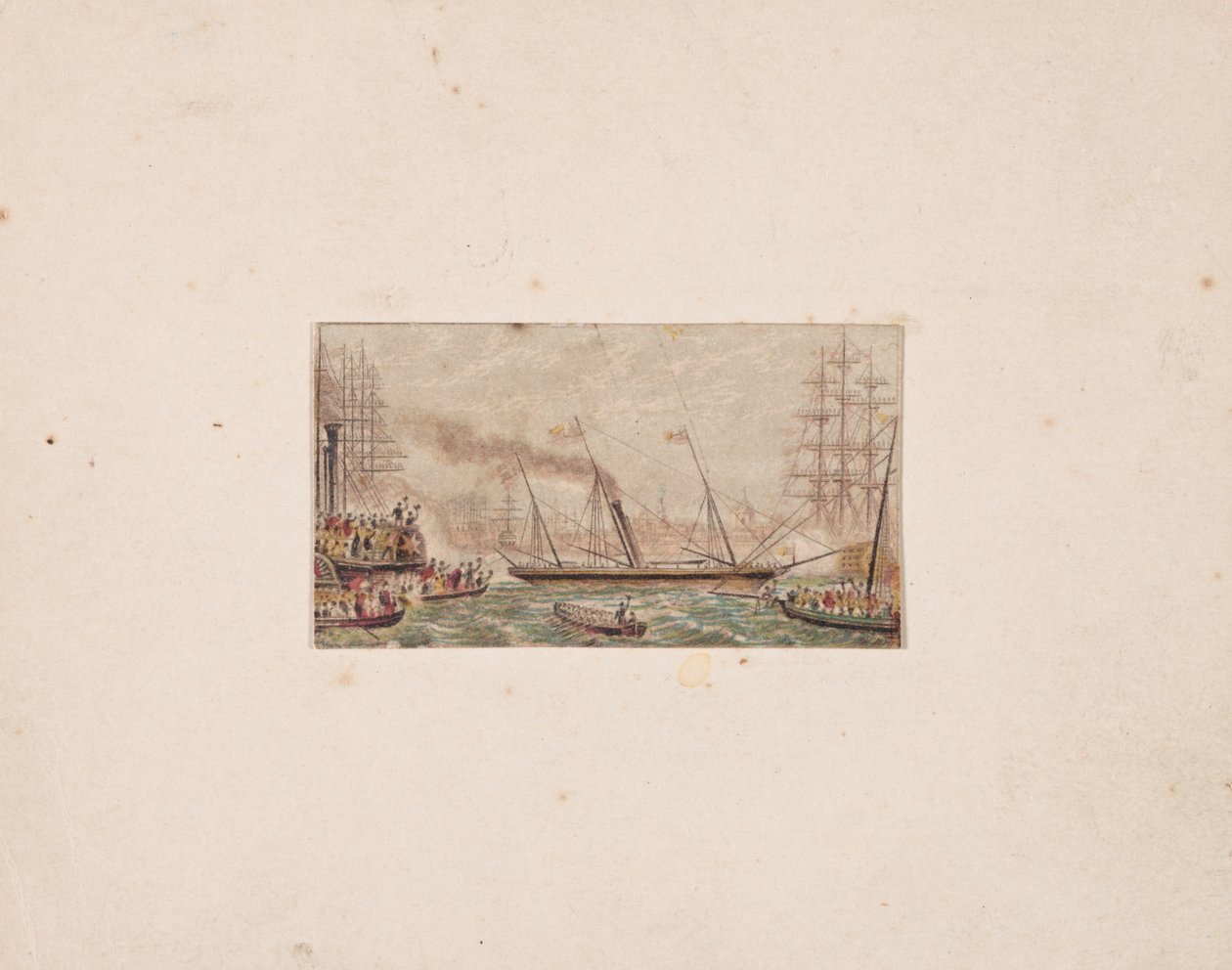 Nålebokstryk: Den kongelige flåde i Kilkenny Bay (?) af George Baxter