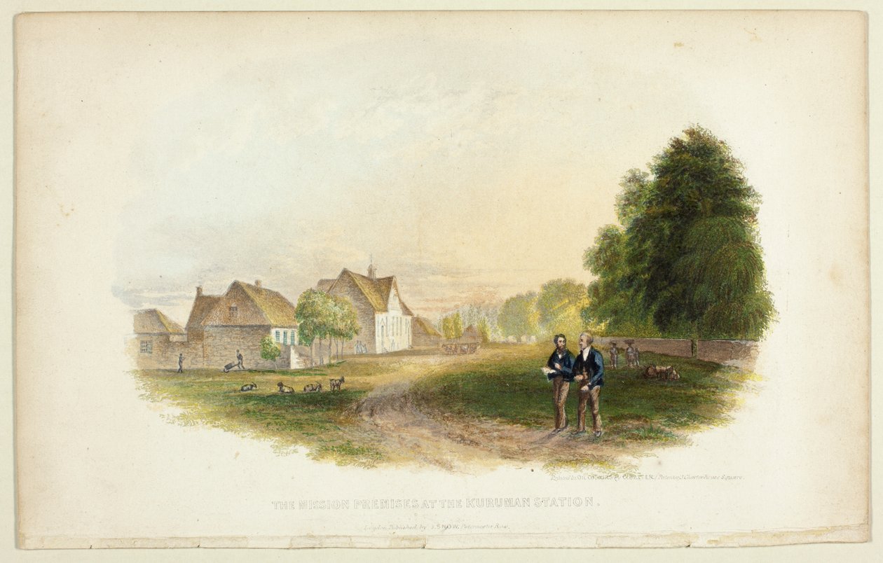 Missionsbygningerne ved Kuruman-stationen af George Baxter