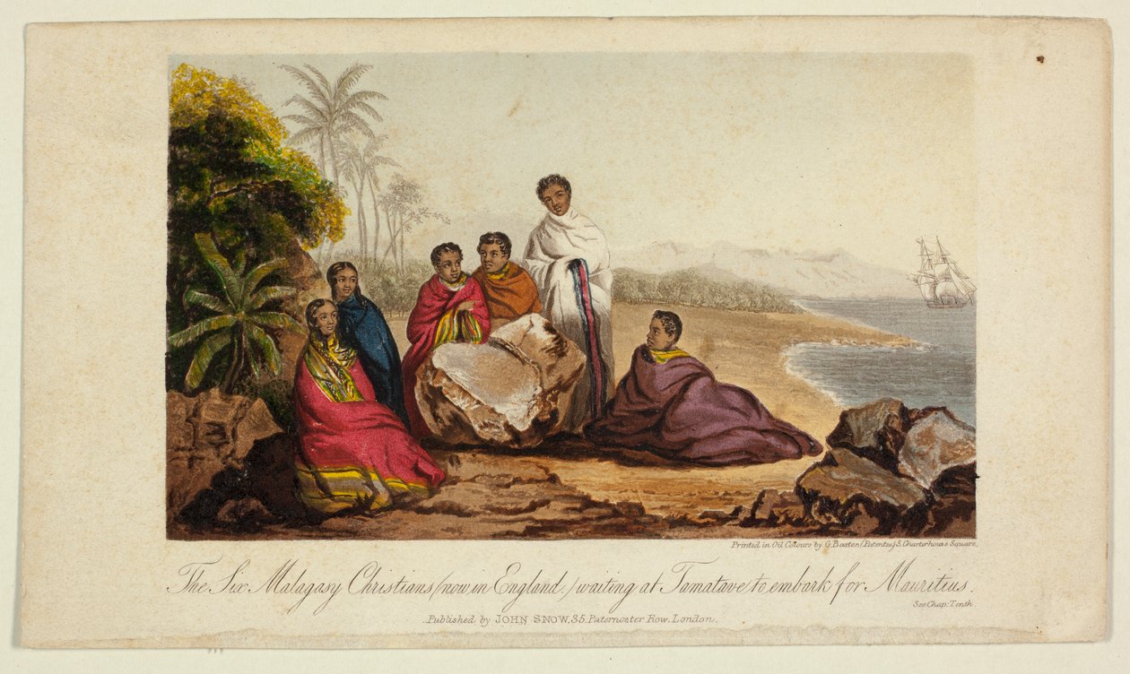 De seks madagaskiske kristne (nu i England), der venter i Tamatave på at gå om bord til Mauritius af George Baxter