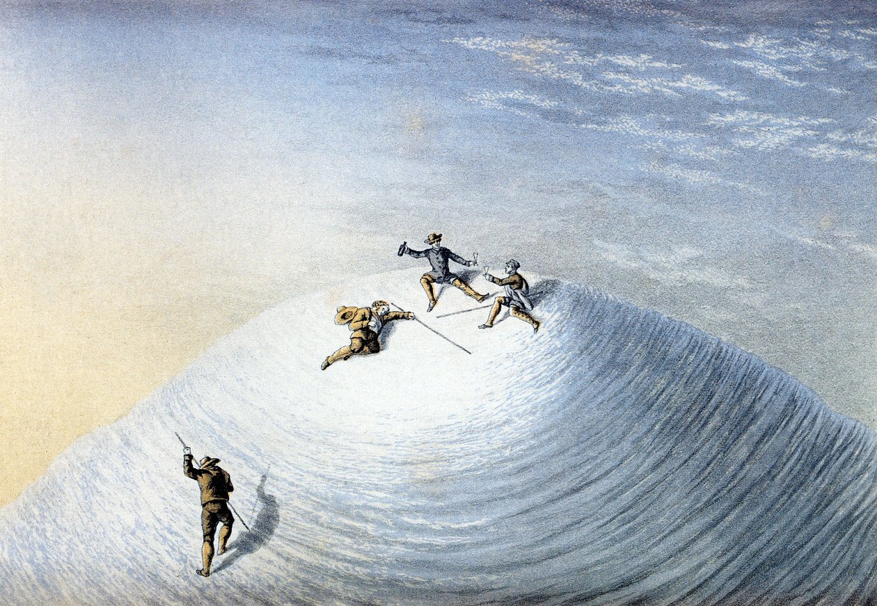 Bestigningen af Mount Blanc af Albert Smith i 1851 (koloreret stik) af George Baxter
