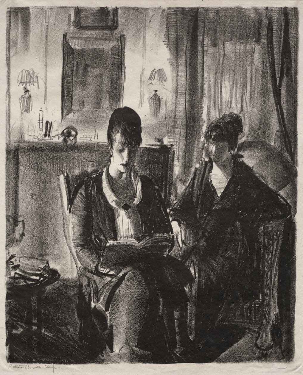 Elsie læser for Emma, første sten af George Bellows