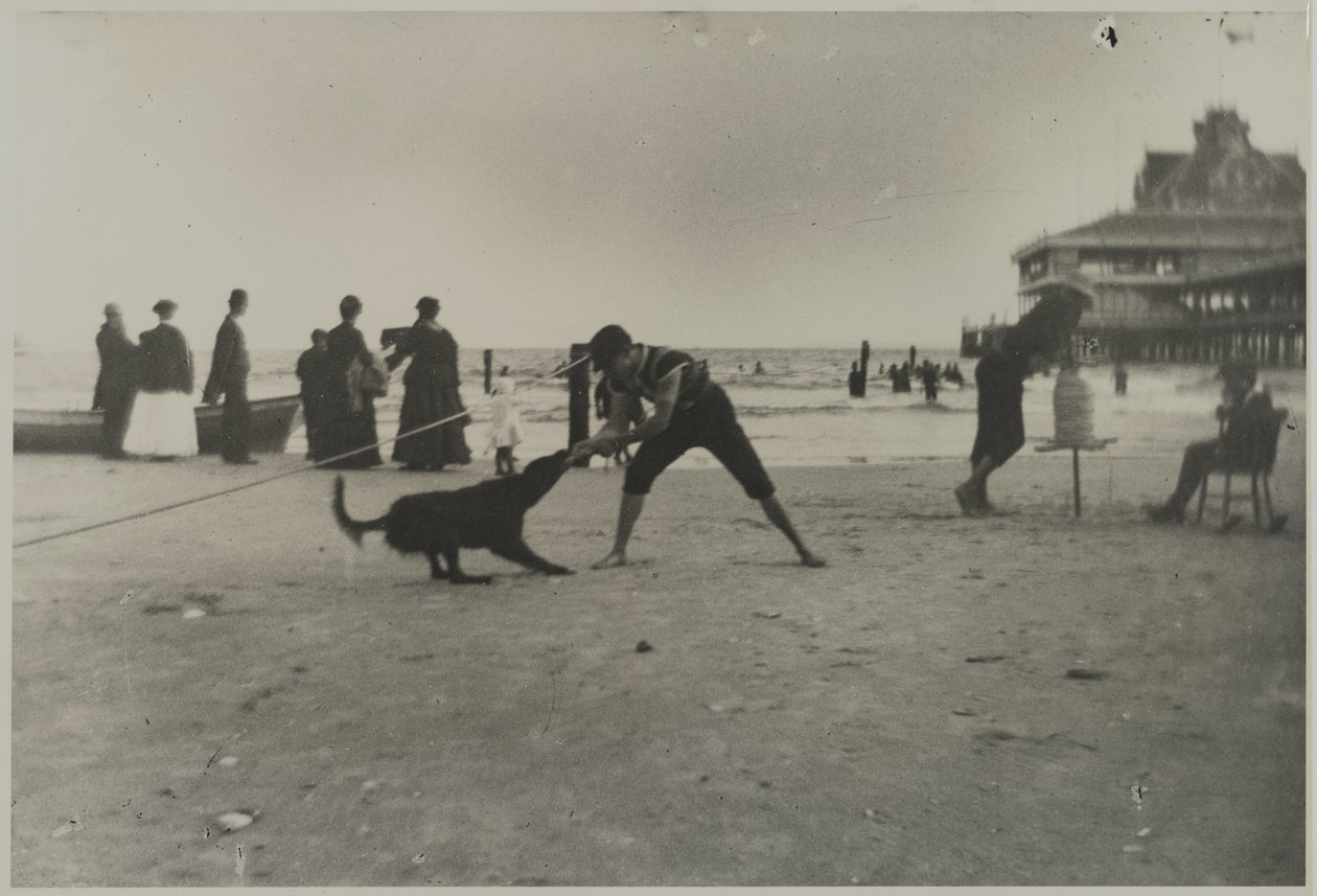 Dreng og hund, Iron Pier, Coney Island, Brooklyn, ca. 1885 (trykt gelatinesølvtryk) af George Bradford Brainerd