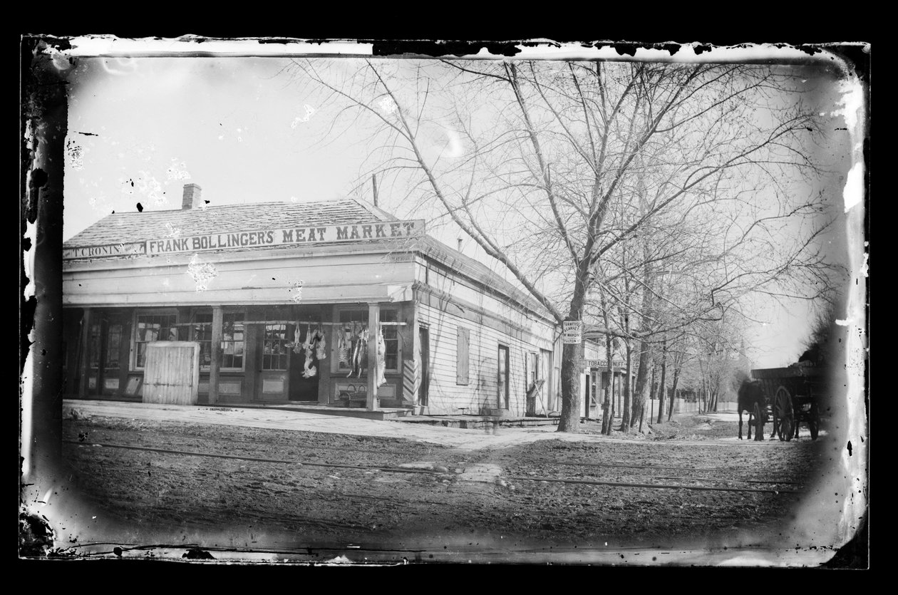 Frank Bollingers Meat Market, Flatbush, Brooklyn, ca. 1872-87 (vådkollosion negativ) af George Bradford Brainerd