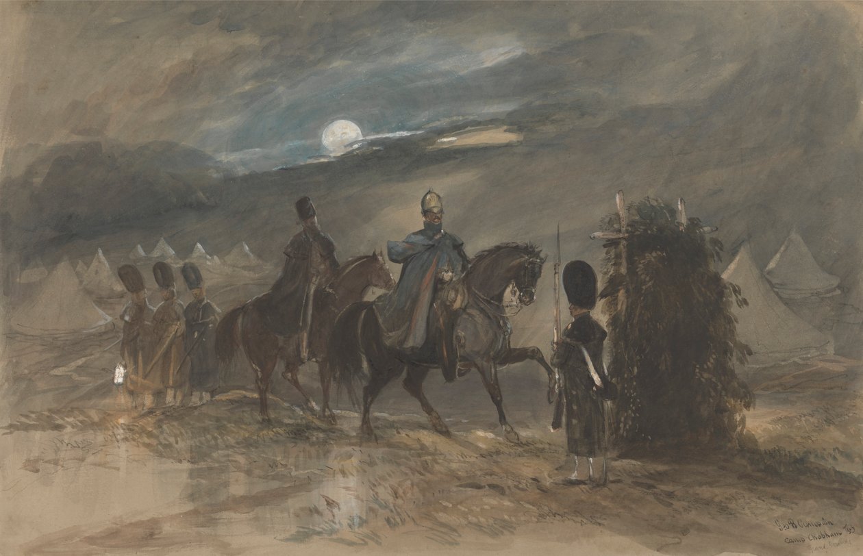 Lejr ved Chobham, 1853 med officerer og vagtpost af George Bryant Campion