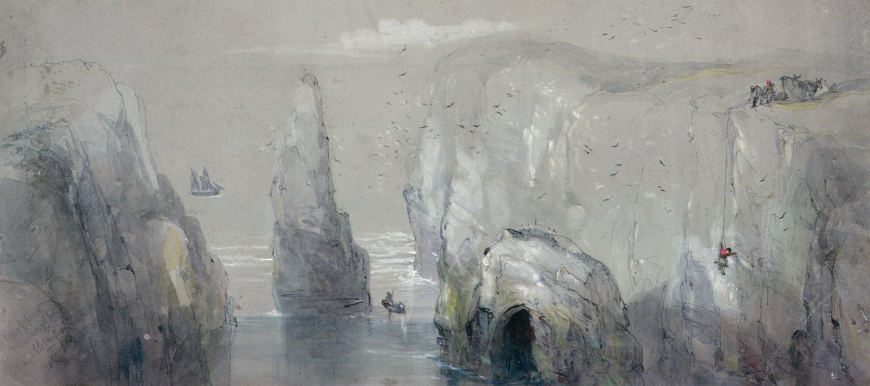 Udsigt over Flamborough Head, der viser en gruppe mænd, der samler mågeæg af George Bryant Campion