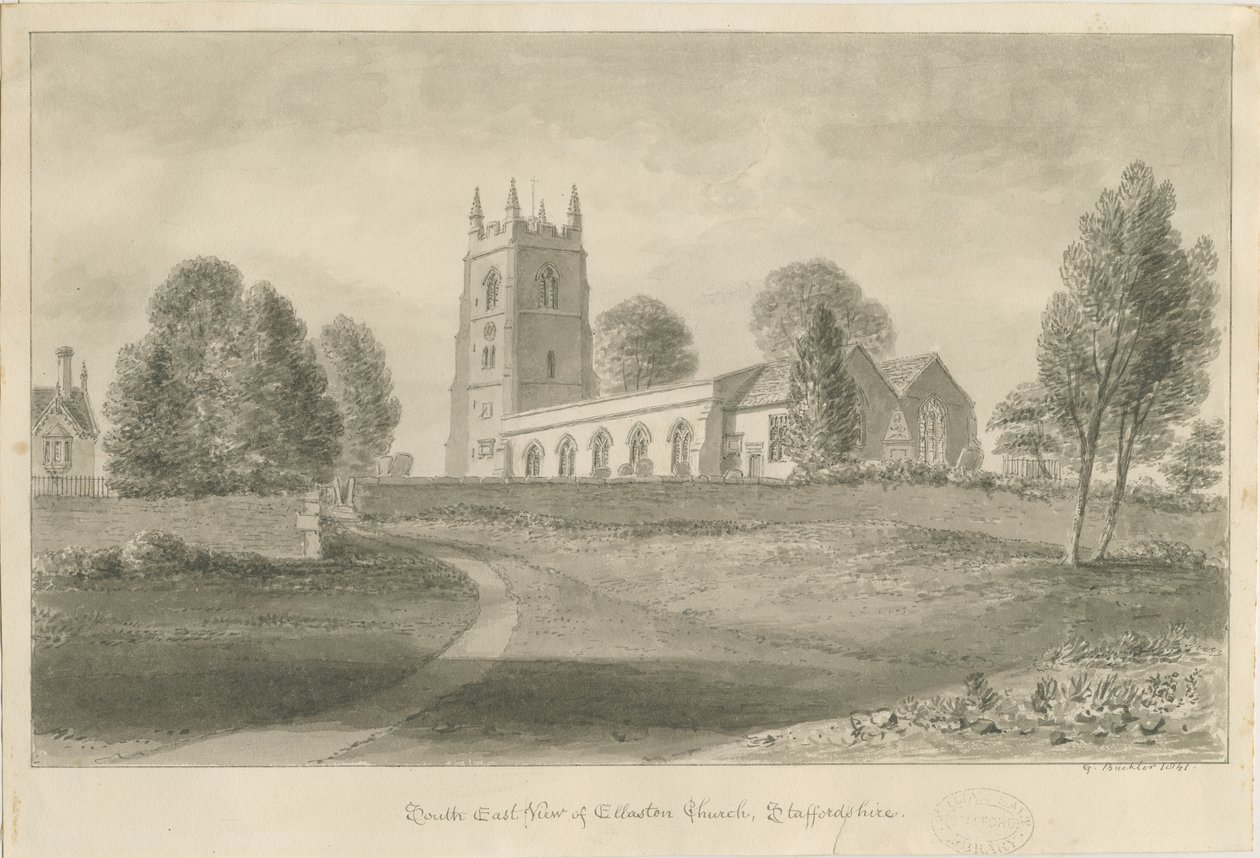 Ellastone Church: sepia tegning, 1841 af George Buckler