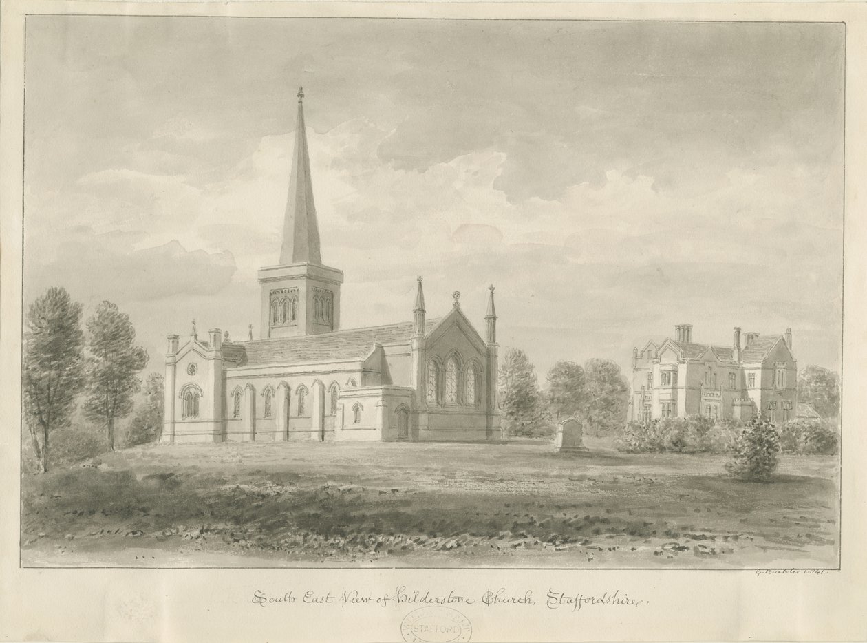Hilderstone Church: sepia tegning, 1841 af George Buckler