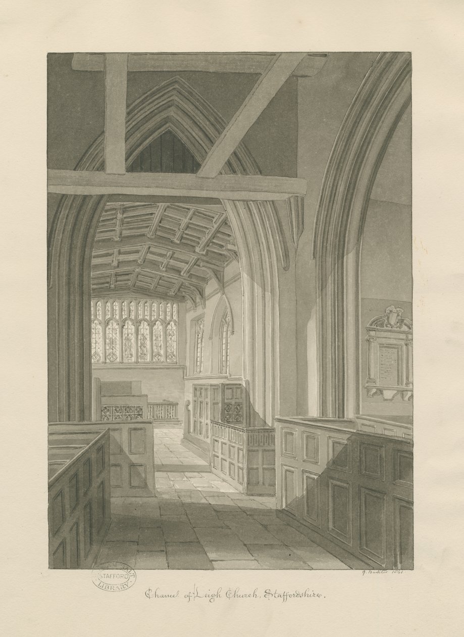 Interiør af Leigh Church: sepia tegning af George Buckler