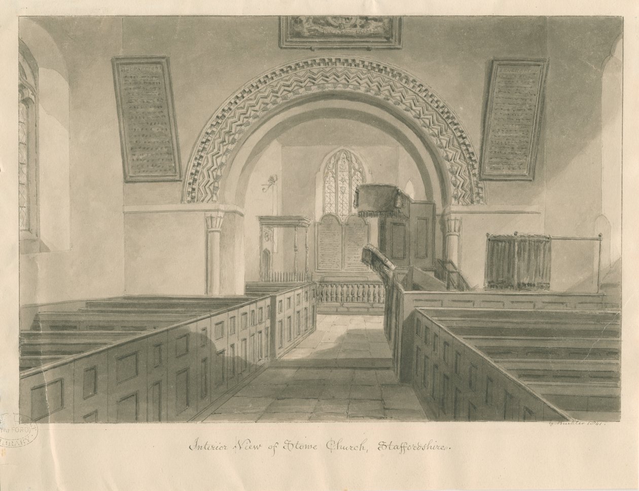 Interiør af Stowe Church: sepia vask tegning af George Buckler