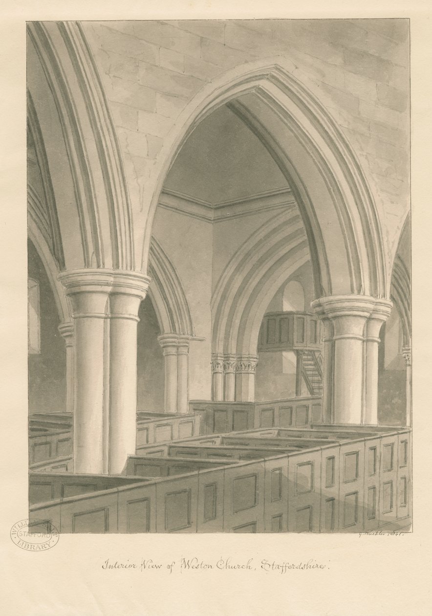 Interiør af Weston-on-Trent Church: sepia-tegning, 1841 af George Buckler
