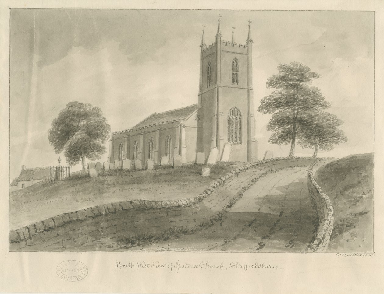 Ipstones Kirke: sepia tegning af George Buckler