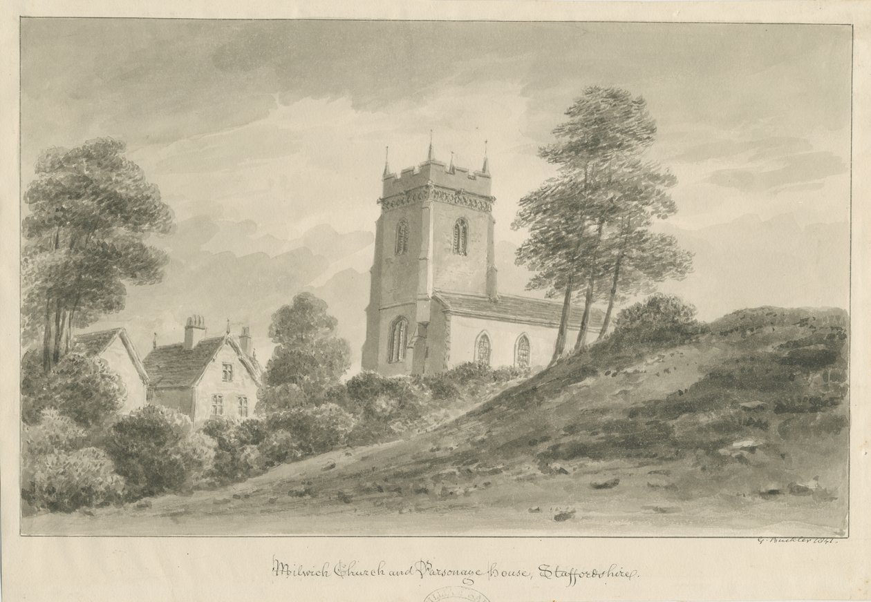 Milwich kirke og præstehus: sepia vask tegning af George Buckler