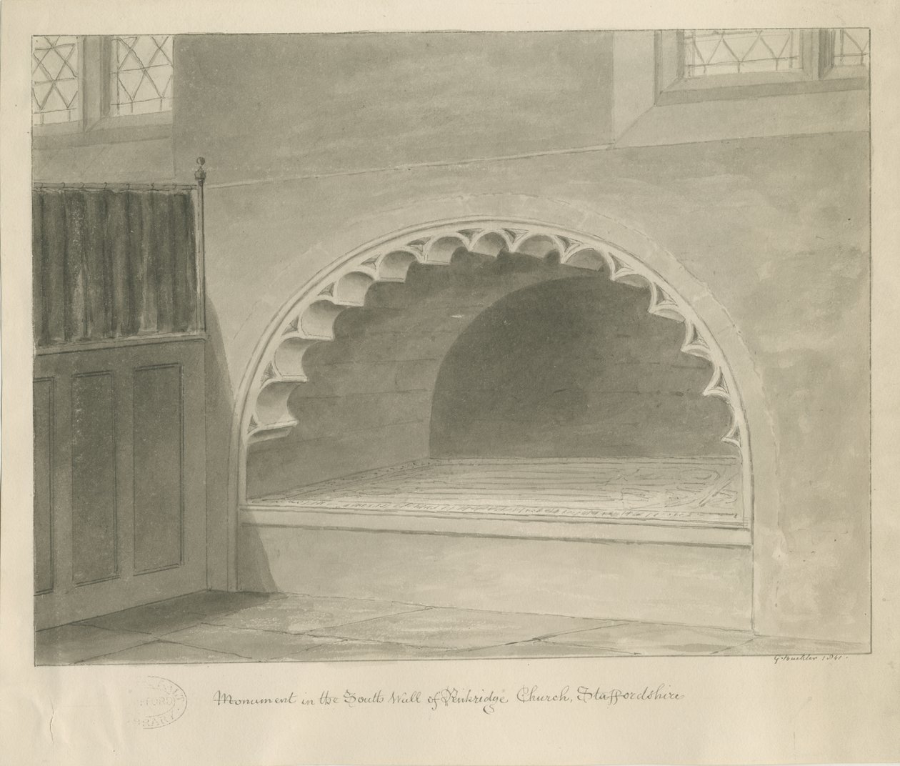 Penkridge Church - Monument i South Wall: sepia-tegning, 1841 af George Buckler