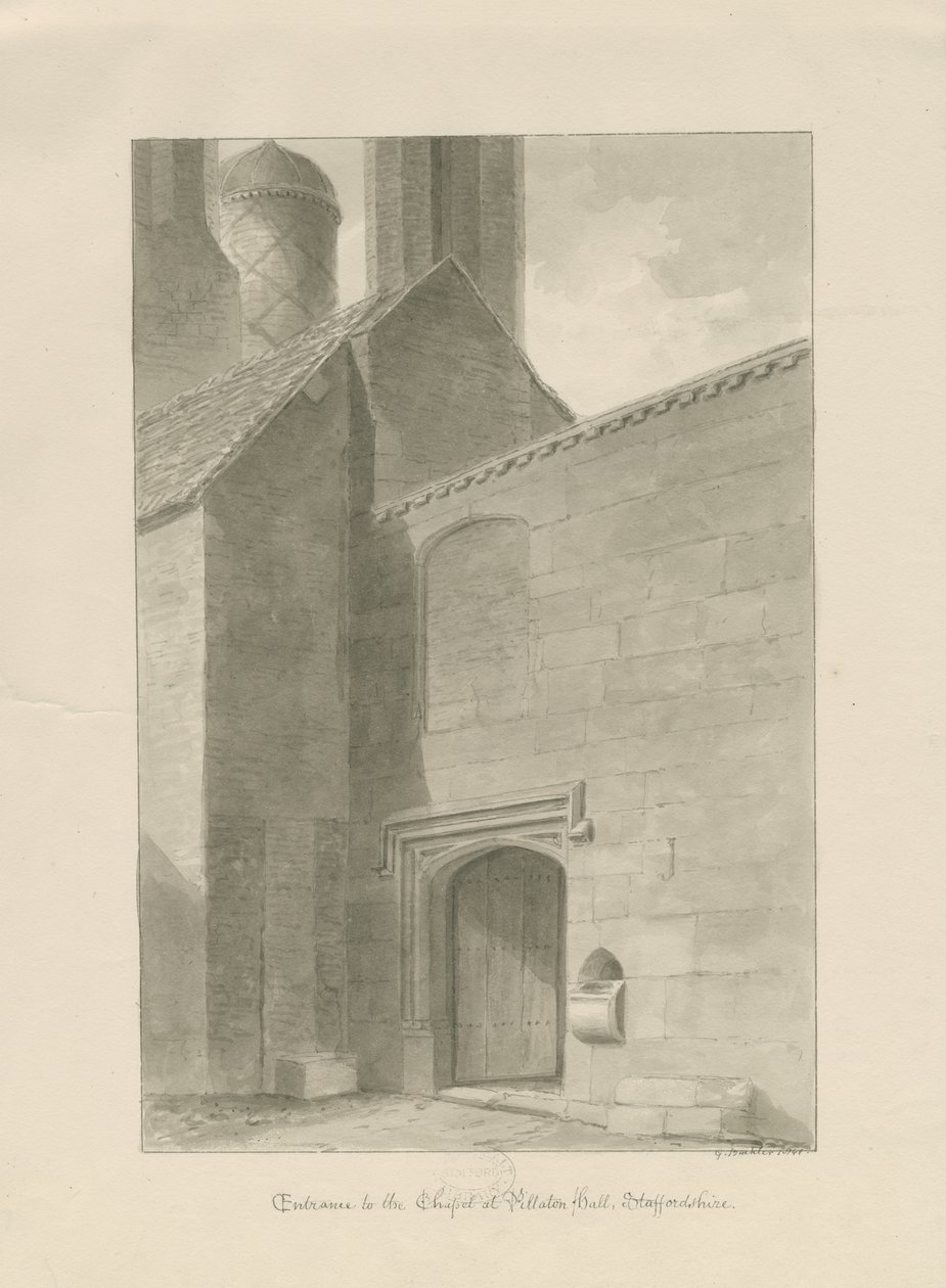 Pillaton Hall - Kapel Indgang: sepia tegning af George Buckler