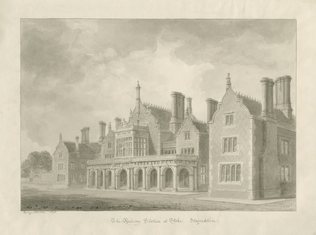 Stoke-upon-Trent - Jernbanestation: sepia-tegning af George Buckler