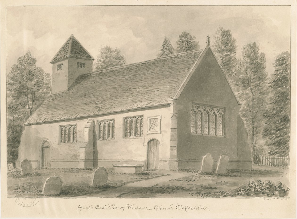 Whitmore Church: sepia tegning, 1841 af George Buckler
