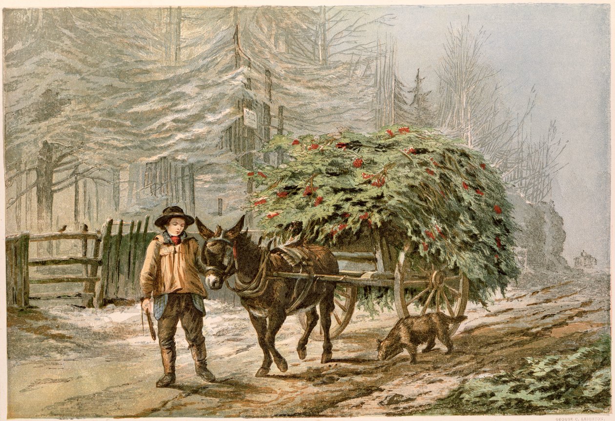 Dreng fører æsel og vogn, victoriansk julekort chromolitho af George C. Leighton