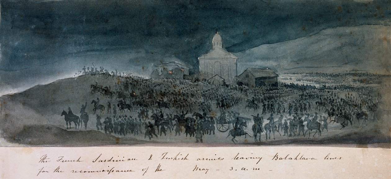De franske, sardiske og tyrkiske hære forlader Balaklava-linjerne til en rekognoscering, 1854 ca. af George Cadogan