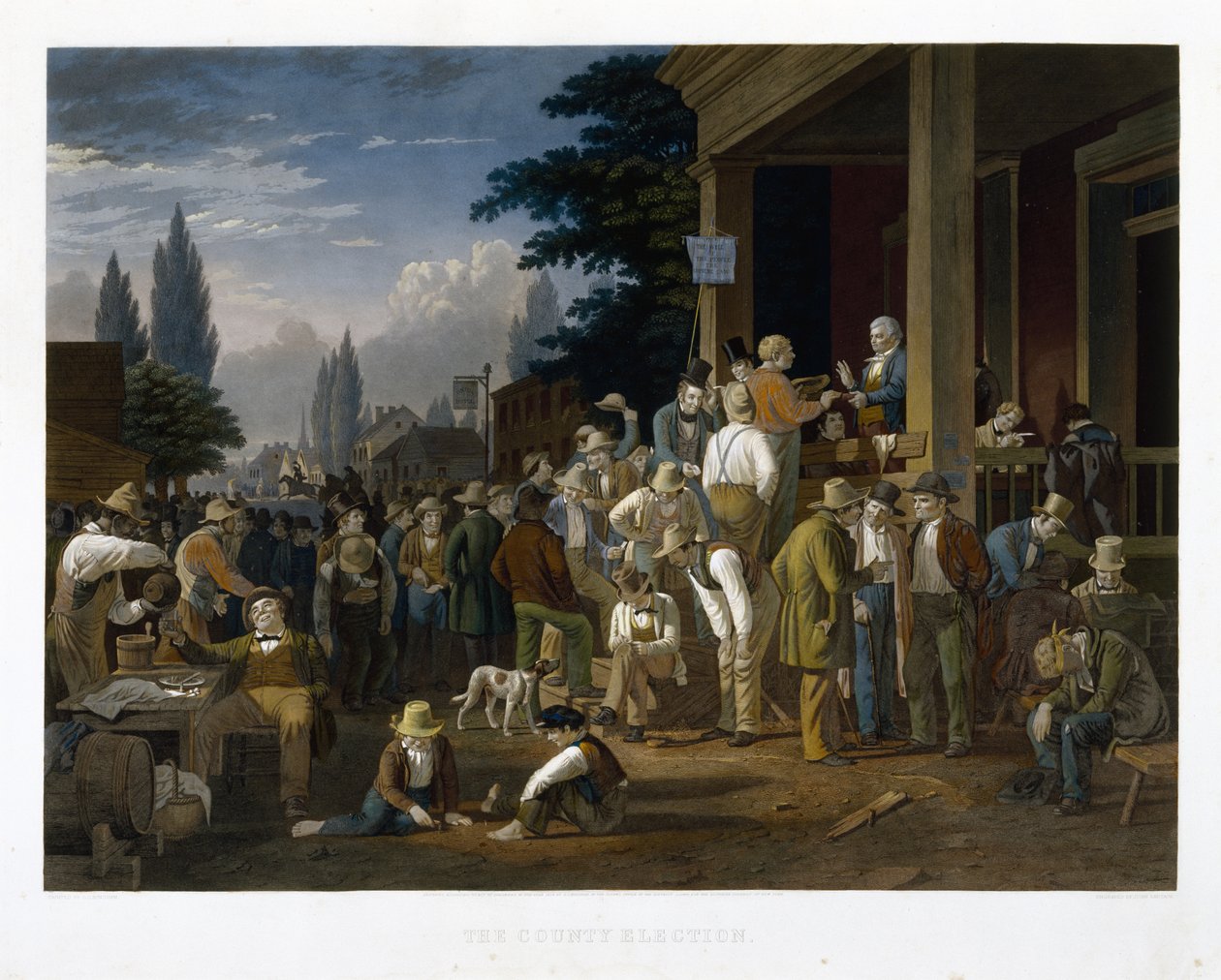 Amtsvalget, 1854 (mezzotint og streggravering med original håndfarvning) af George Caleb Bingham