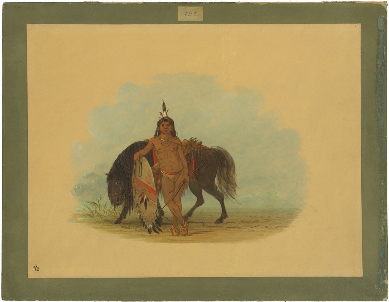 En cheyennekriger, der lader sin hest hvile af George Catlin