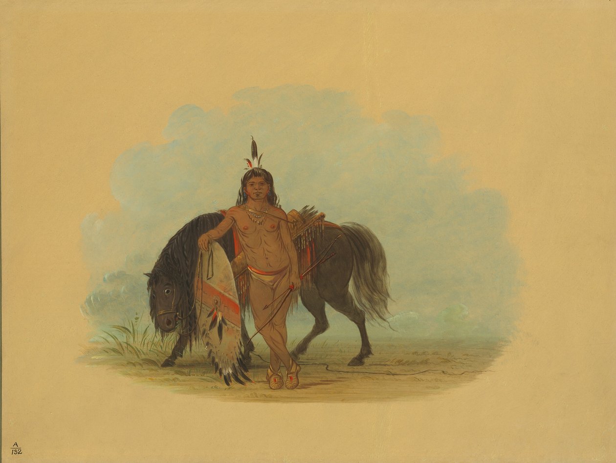 En cheyennekriger hviler sin hest, 18611869. af George Catlin