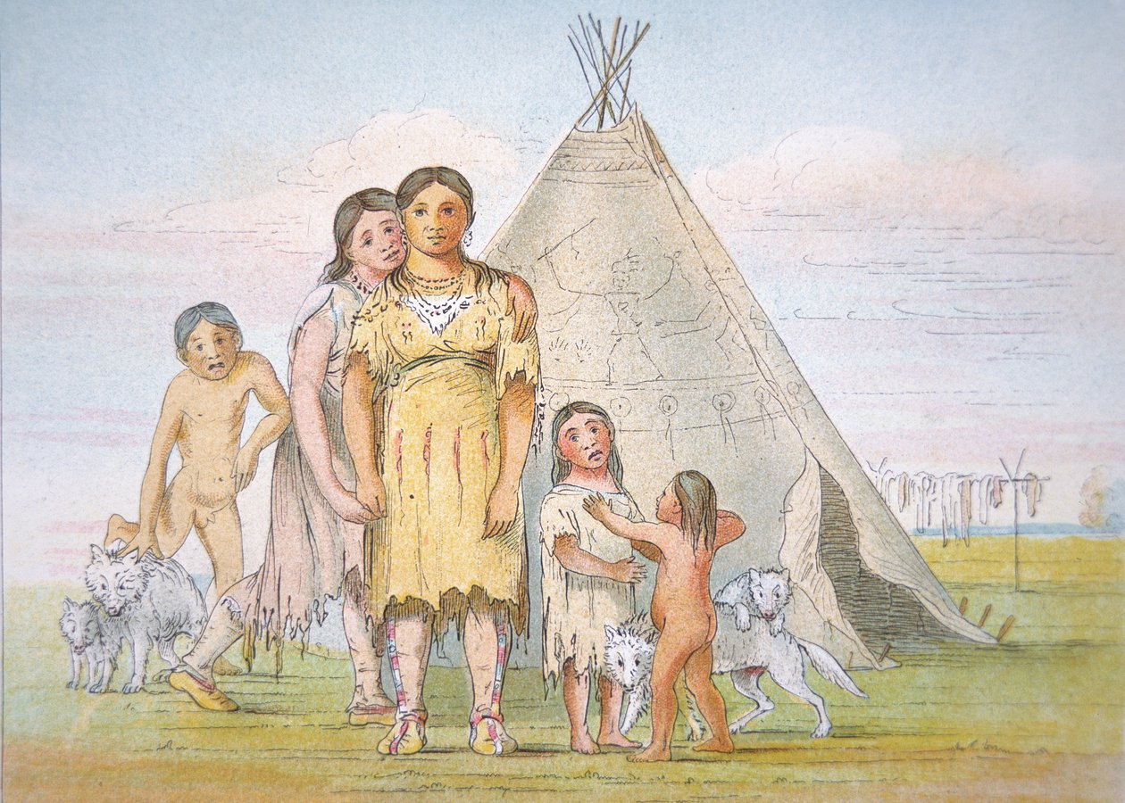 En Comanche-familie uden for deres tipi af George Catlin