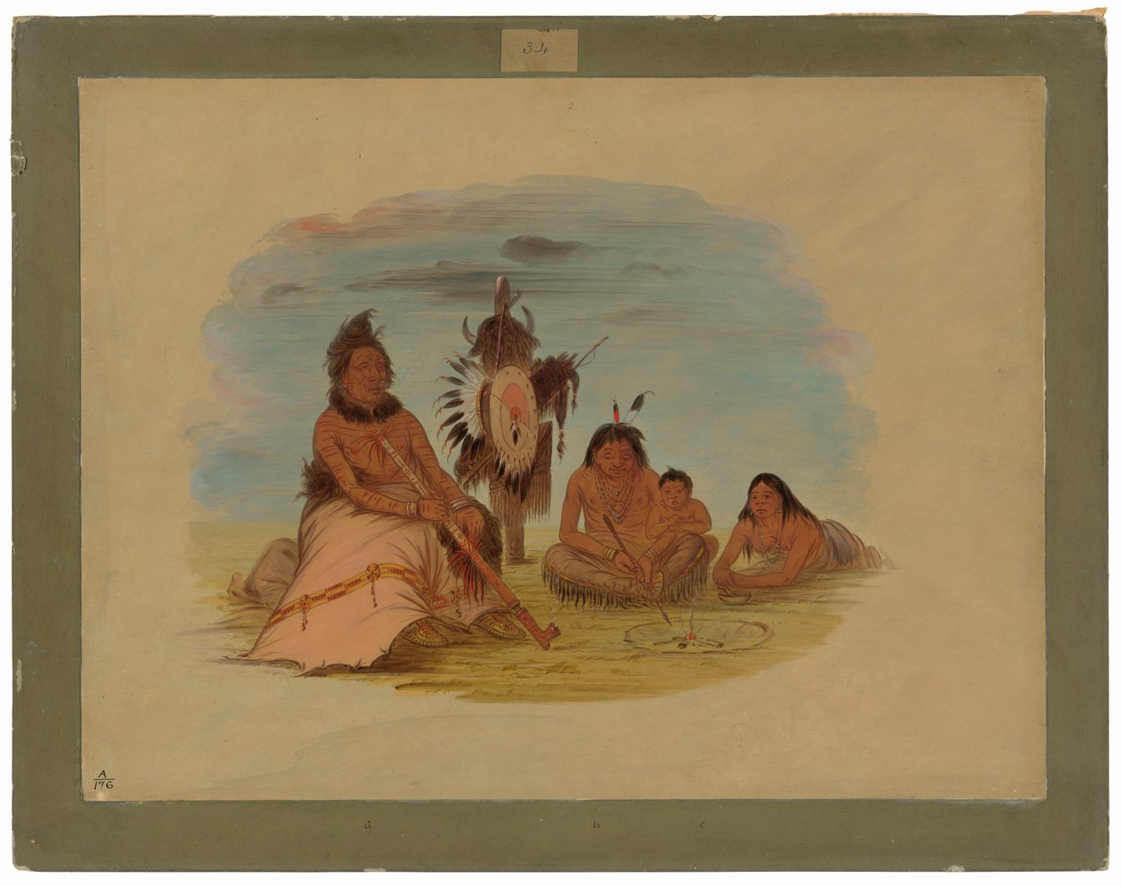 En gammel Minatarree-høvding og hans familie af George Catlin