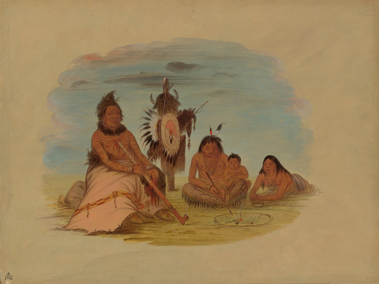 En gammel Minatarree-høvding og hans familie, 18611869. af George Catlin