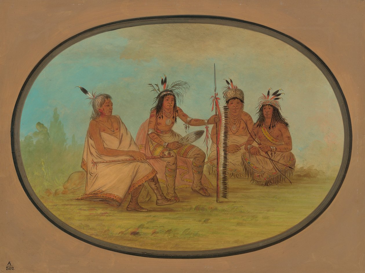 En gammel Ojibbeway-høvding og tre krigere, 18611869. af George Catlin