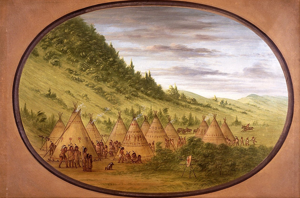 En Ojibwe-landsby med telte af skind af George Catlin