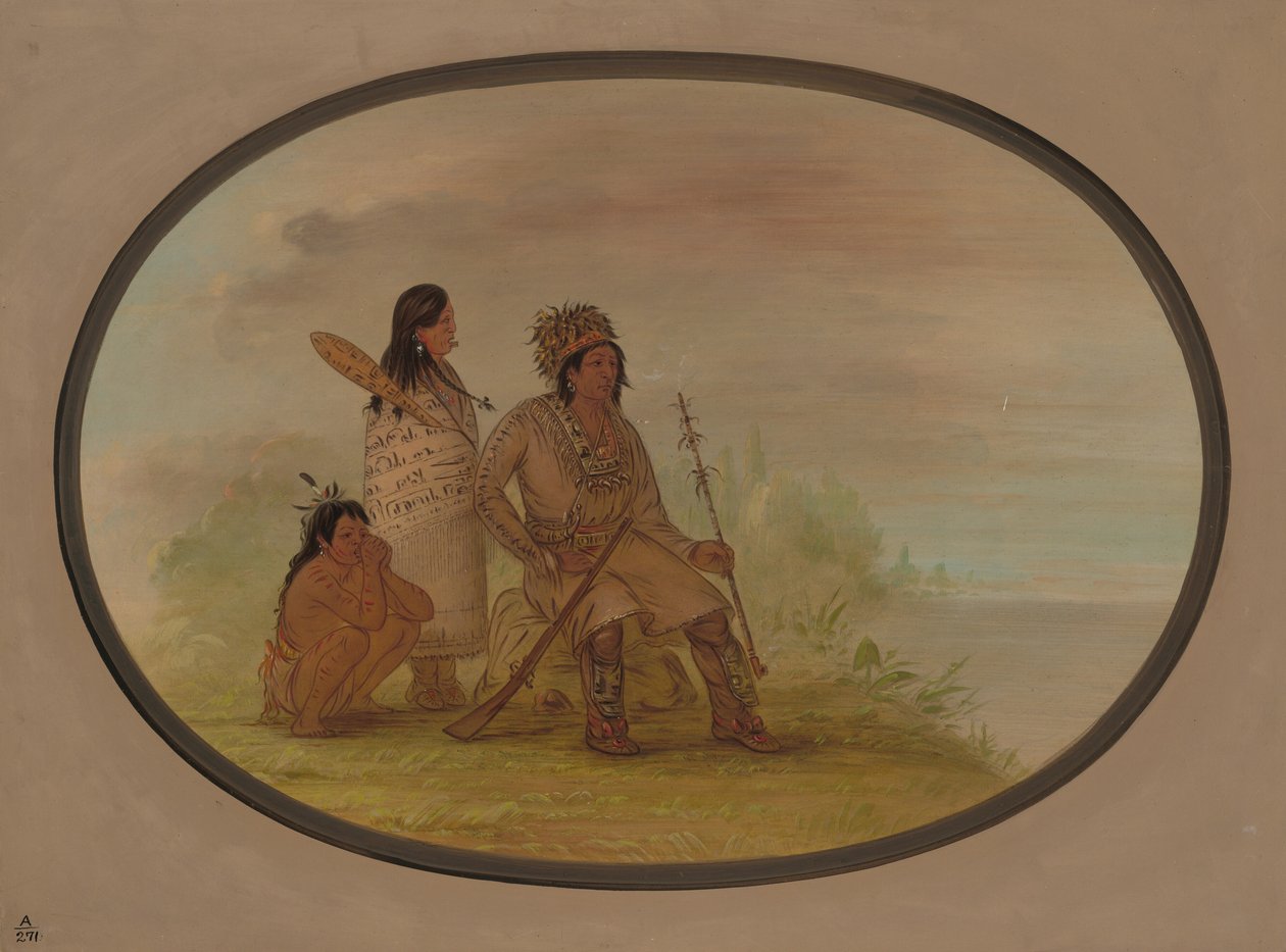 En gammel Nayas-indianer, hans barnebarn og en dreng, 18551869. af George Catlin