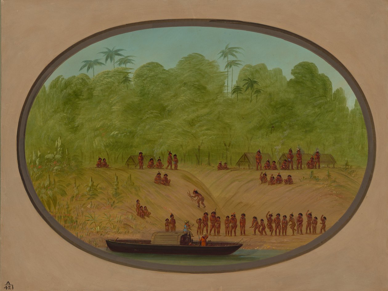 An Omagua Village - Boat Skitse, 18541869. af George Catlin