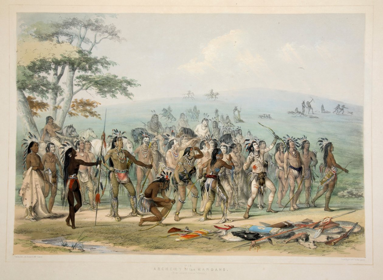 Archery of the Mandans, pub. 1845 farvelitografi. af George Catlin