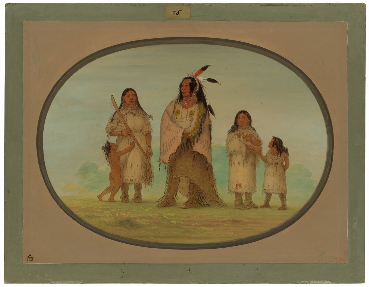 Assinneboine Warrior og hans familie af George Catlin