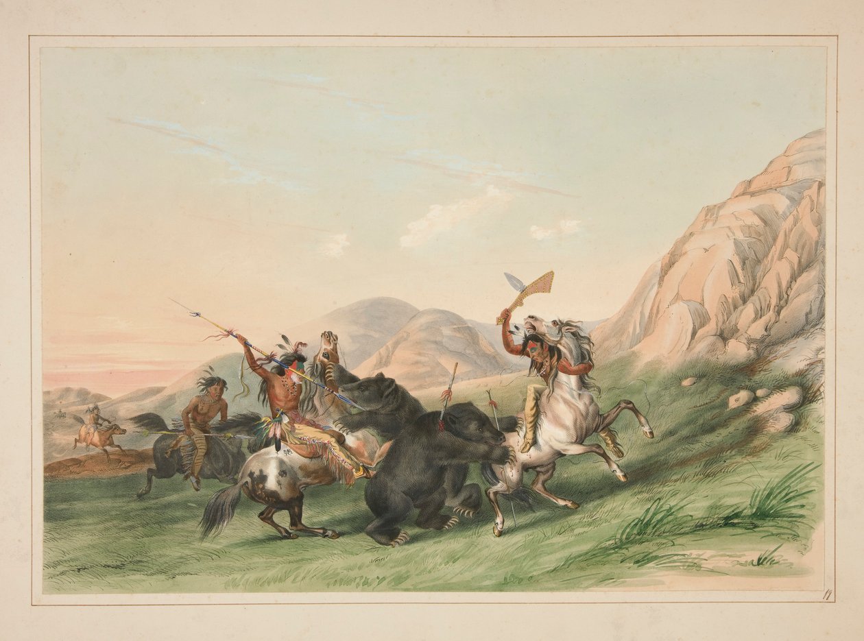 Angreb på Grizzlybjørnen, pl. 19 fra North American Indian Portfolio af George Catlin