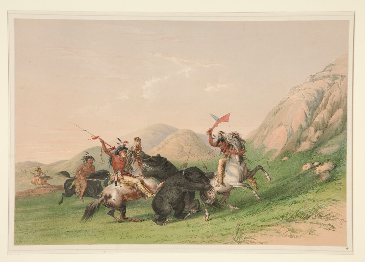 Angreb på Grizzlybjørnen, pl. 19 fra North American Indian Portfolio af George Catlin