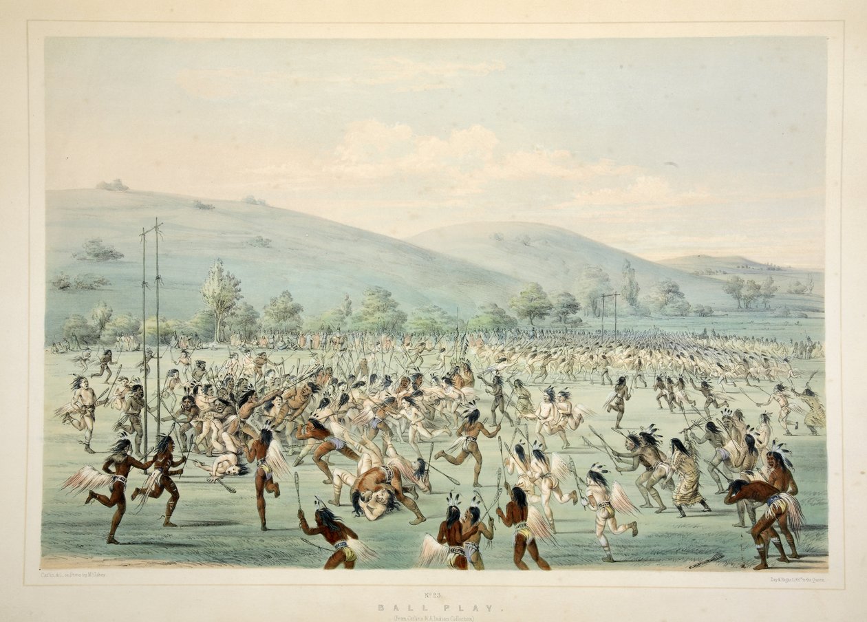 Ball Play, fra Catlins North American Indian Portfolio. Jagtscener og forlystelser i Rocky Mountains og Prairies of America, pub. 1845 af George Catlin