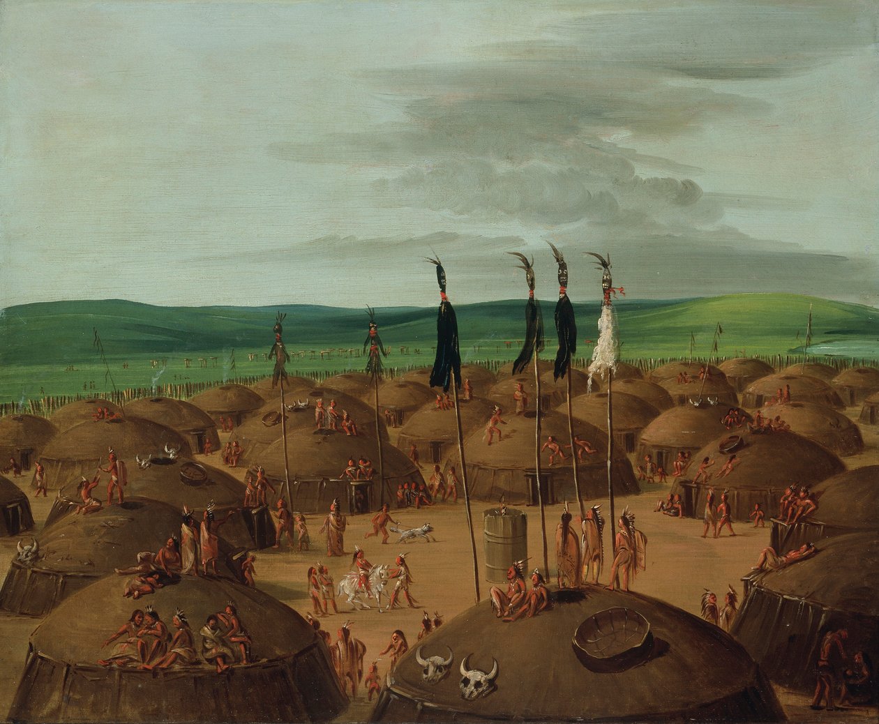 Udsigt i fugleperspektiv over Mandan-landsbyen, 1800 kilometer over St. af George Catlin
