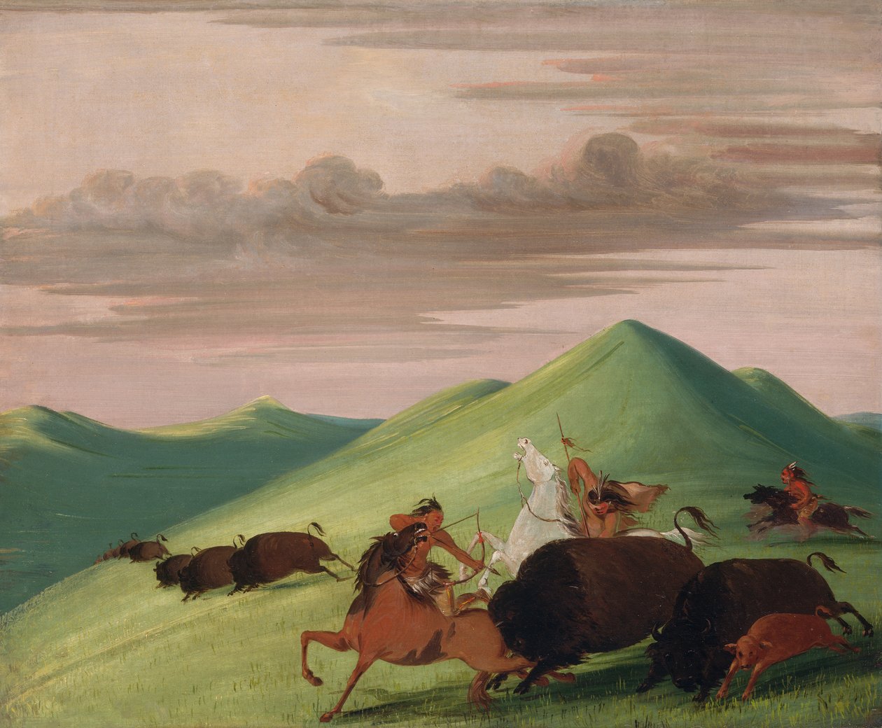 Buffalo Chase, Tyr, der beskytter en ko og en kalv, 1832-1833. af George Catlin