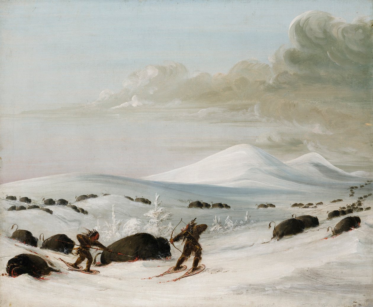 Bøffeljagt i snedriver, indianere forfølger på snesko af George Catlin