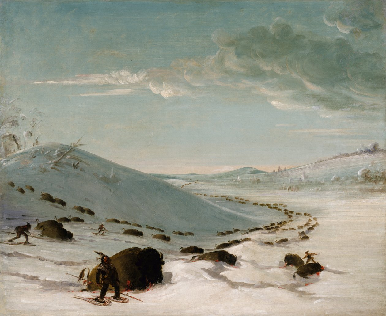 Buffalo Chase in Winter, indianere på snesko, 1832-1833. af George Catlin